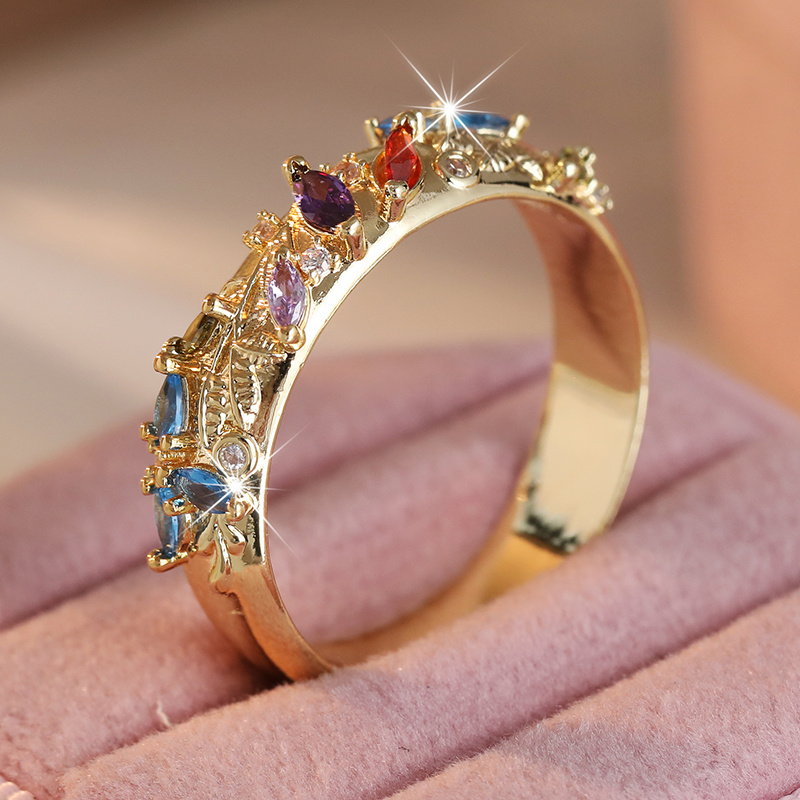 Women's Leaf-Shaped Colored Gemstone Ring